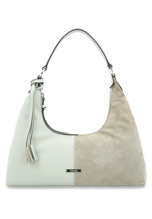 Two-toned handbag featuring a soft mint green leather and beige suede, with a rounded shape, adjustable strap, and a silver hardware accent.