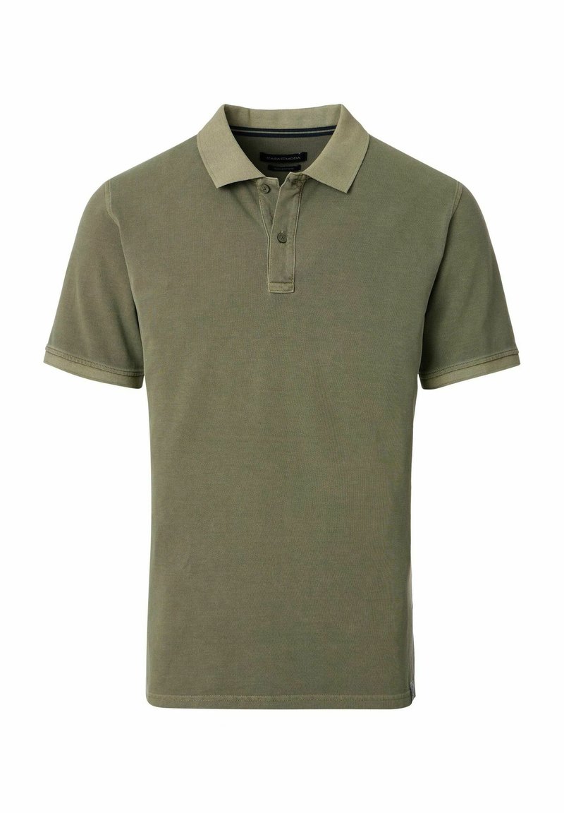 Oliwkowa koszulka polo wykonana z bawełny, z klasycznym kołnierzykiem, zapięciem na dwa guziki i krótkimi rękawami. Gładka struktura z luźnym krojem.