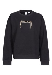 Sweatshirt noir à col rond et manches longues. Présente un logo "PINKO" décoratif en perles sur le devant. Texture douce.