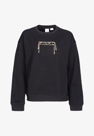 Sudadera negra con cuello redondo y mangas largas. Presenta un logo decorativo de cuentas "PINKO" en el frente. Textura suave.