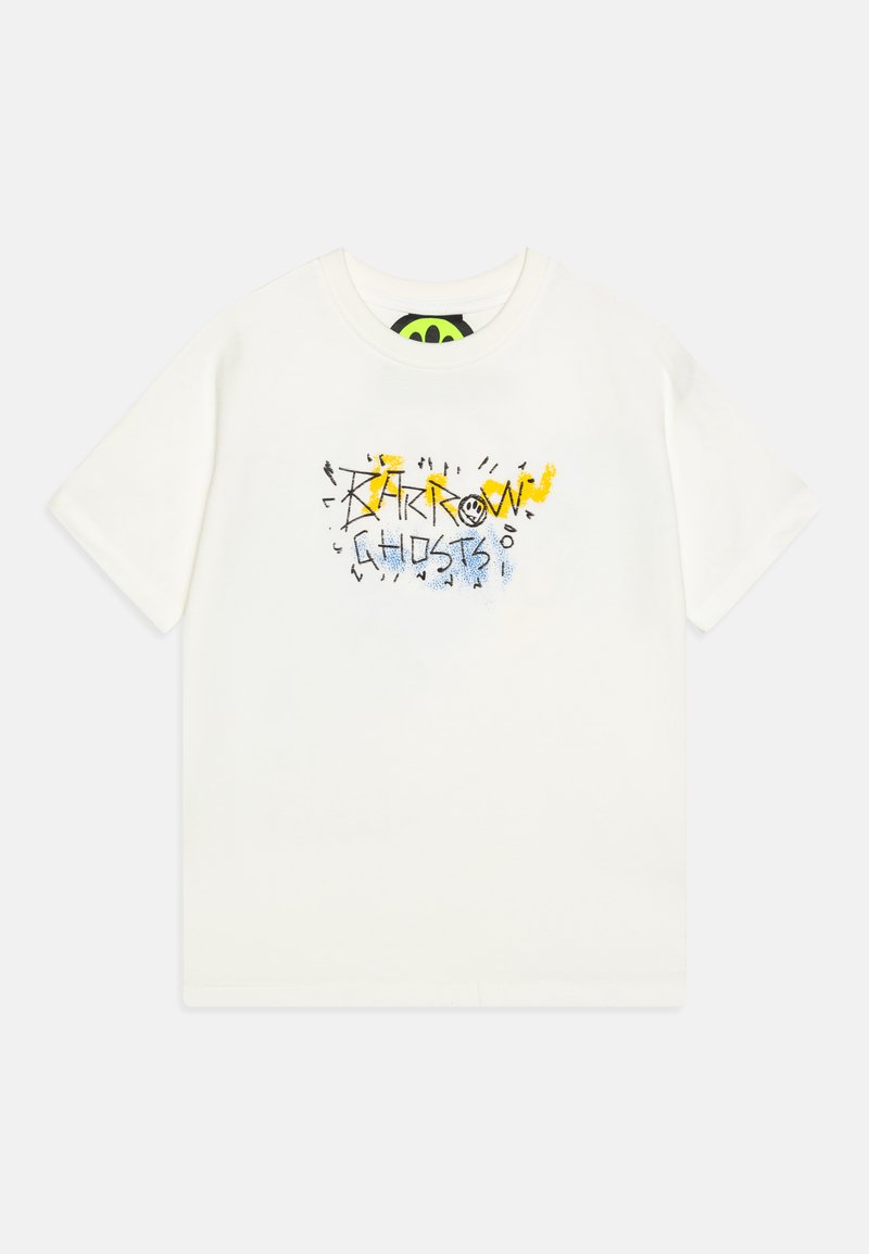 Hvit bomull t-skjorte med korte ermer, med et fargerikt grafisk design som leser "BARROW GHOSTS" i svart og gult mot en blå bakgrunn.