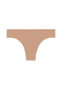 Beige Tanga aus weichem, dehnbarem Stoff. Mit breiten Seiten und einem minimalistischen Design ohne sichtbare Nähte oder Muster.