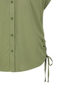 Olive green shirt made of smooth fabric, with a button-down design, short sleeves, and adjustable side ties for fit variation.