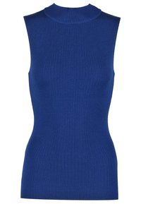 Blauw geribd mouwloos topje met een hoge hals. De stof heeft een getextureerd verticaal patroon, een aansluitende pasvorm en een gladde afwerking.