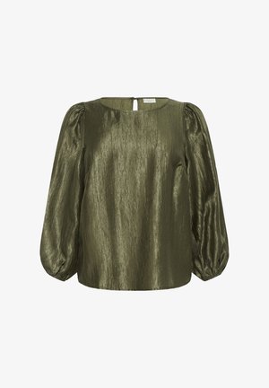 Blouse à manches longues vert olive avec un léger éclat, manches bouffantes, encolure ronde et fermeture à boutons au dos.