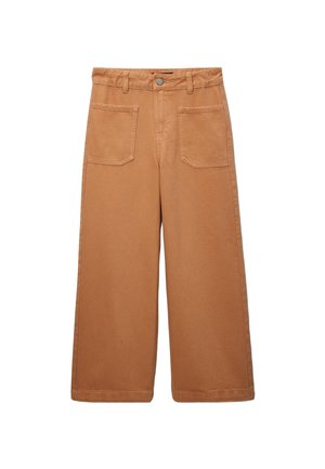 Pantalon marron taille haute à jambes larges avec poches plaquées à l'avant, passants pour ceinture et fermeture par bouton à la taille.