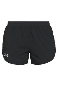 Svarta idrottsshorts med elastisk midja, med en slät yta och en liten silverlogotyp på nedre vänstra sidan.