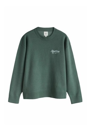 Zaļš džemperis ar ribota apakšu un aprocēm, apaļu kakla izgriezumu un uzraksta logo krūtīs. Mīksta tekstūra, ikdienišķa piegriezums un vienkāršs dizains.