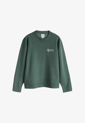 Grüner Pullover mit geripptem Saum und Bündchen, Rundhalsausschnitt und Schriftzug-Logo auf der Brust. Weiche Textur, legere Passform und schlichtes Design.