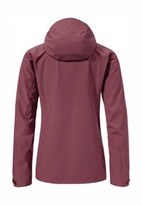 Bordeauxrote wasserdichte Jacke mit Kapuze, glatter Textur, langen Ärmeln und ohne sichtbare Verschlüsse oder zusätzliche Akzente.