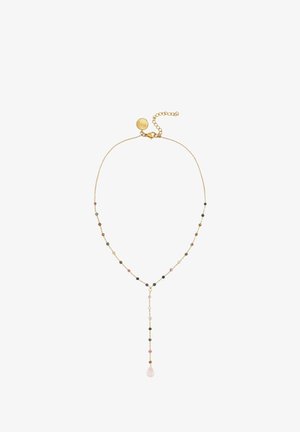 Goldfarbene Halskette mit einer zarten Kette, die mit mehrfarbigen Perlen und einem Anhänger aus Rosenquarz am Ende verziert ist. Verstellbarer Verschluss enthalten.