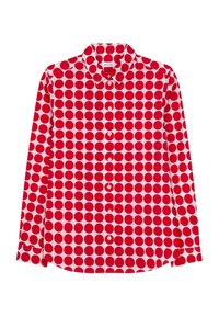 Czerwona i biała koszula z długim rękawem i klasycznym kołnierzykiem, ozdobiona dużym wzorem w kropki. Gładki materiał i standardowy dół.