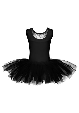 Schwarzes Tüllkleid mit tailliertem Oberteil und mehrlagigem Tüllrock. Besondere Merkmale sind das Häkelrücken-Detail und der runde Ausschnitt.