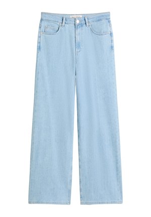 Jasnoniebieskie dżinsy o szerokich nogawkach, wykonane z denimu, z wysokim stanem, pięcioma kieszeniami i klasycznym zapięciem na guziki. Krawędzie zostały starannie wykończone.