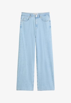 Jasnoniebieskie dżinsy o szerokich nogawkach, wykonane z denimu, z wysokim stanem, pięcioma kieszeniami i klasycznym zapięciem na guziki. Krawędzie zostały starannie wykończone.