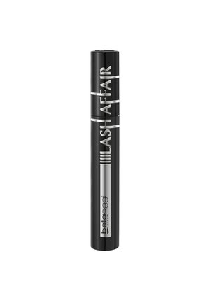 Tubo di mascara cilindrico nero etichettato "LASH AFFAIR" e "belloggi ITALIA" su uno sfondo bianco.