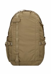 Sac à dos beige au fini texturé, doté de bretelles réglables, de poches latérales et de la marque "TIGHT™" embossée sur le devant.