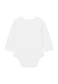 Witte lange mouwen baby rompertje gemaakt van zachte katoen, met een ronde hals en drukknoopjes onderaan voor gemakkelijk aan- en uittrekken.