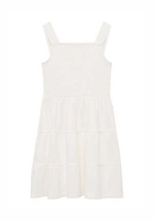 Biała sukienka bez rękawów z marszczonym gorsetem i wielowarstwową spódnicą, z szerokimi ramiączkami i kwadratowym dekoltem.