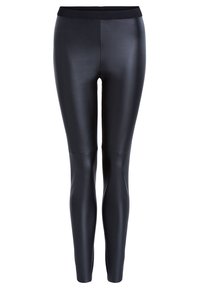 Svarta leggings med en blanka, släta yta, utrustade med ett högt elastiskt midjeband och en figurnära design, lämpliga för aktiv eller avslappnad klädsel.