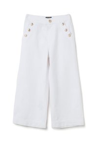 Witte wijde broek van katoen, met gouden knoopaccenten bij de taille en zakken, en gestikte zoomdetails.