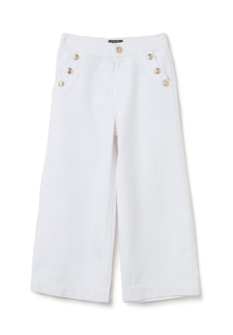 Witte wijde broek van katoen, met gouden knoopaccenten bij de taille en zakken, en gestikte zoomdetails.