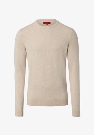 Maglione beige a maniche lunghe realizzato in tessuto morbido, con scollo rotondo e polsini e orlo a coste. Texture semplice e senza decorazioni.