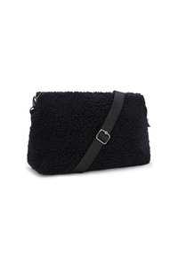 Black faux fur crossbody bag with a textured surface, rectangular shape, and an adjustable black strap featuring a metal hardware detail.