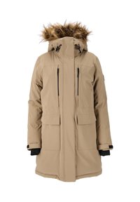 Beige eristetty parka, jossa on tekoturkiksella reunustettu huppu, vetoketjulla varustettu etuosa, kaksi rintataskua ja elastiset hihansuut lämpimyyden ja mukavuuden takaamiseksi.