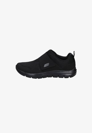 Black sneaker with a slip-on design, textured mesh upper, elastic strap, and cushioned sole for comfort. Subtle branding on the side.