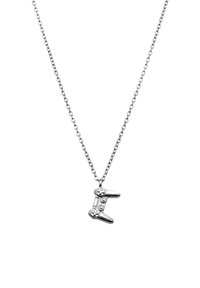 Zilveren ketting met een mini gamecontroller-hanger met vier knoppen en gedetailleerde accenten, hangend aan een keten met ronde schakels.