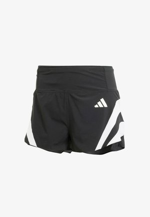 Shorts de sport noirs avec une taille haute, présentant des rayures blanches diagonales sur les côtés et un logo brodé à l'avant.