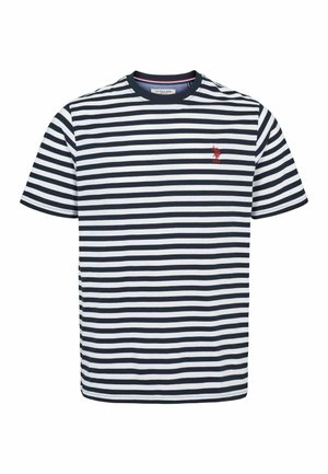 Granatowa i biała koszulka z krótkim rękawem z materiału bawełnianego, z małym czerwonym haftowanym logo na piersi oraz okrągłym dekoltem.