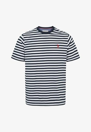 Granatowa i biała koszulka z krótkim rękawem z materiału bawełnianego, z małym czerwonym haftowanym logo na piersi oraz okrągłym dekoltem.