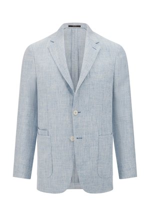 Hellblaues Leinenblazer mit strukturiertem Gewebe, zwei vorderen Taschen, Zwei-Knopf-Verschluss und mit Schlitzen versehenem Revers. Kein sichtbares Futter.
