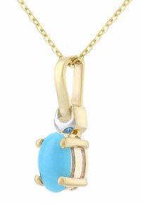 Kultainen ketjukoru, jossa on riipus. Riipuksessa on soikea turkoosikivi, joka on kiinnitetty neljällä kultaisella piikillä.