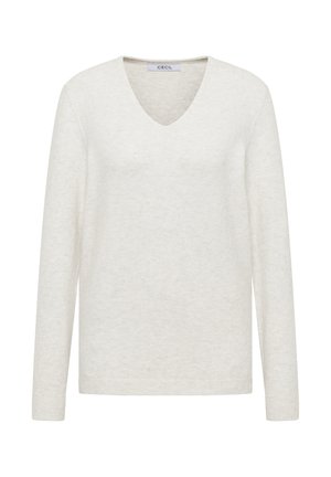 Kremowy sweter z dekoltem w kształcie litery V, z długimi rękawami, wykonany z miękkiego, teksturowanego materiału. Minimalistyczny design z ribbowanymi mankietami i dołem, bez wzorów czy akcentów.