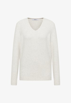 Crème V-hals trui met lange mouwen, gemaakt van zachte, gestructureerde stof. Minimalistisch ontwerp met geribde manchetten en zoom, zonder patronen of accenten.