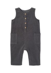 Gray corduroy overall featuring a rounded neckline, four wooden buttons, and two front pockets. Thick texture with ribbed pattern.