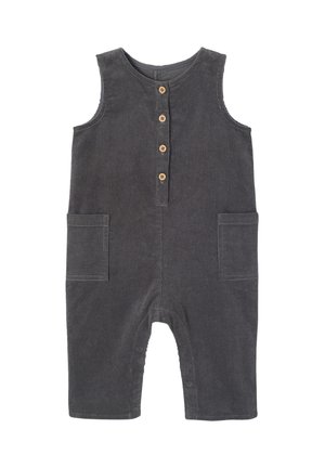 Gray corduroy overall featuring a rounded neckline, four wooden buttons, and two front pockets. Thick texture with ribbed pattern.