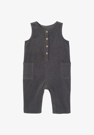 Gray corduroy overall featuring a rounded neckline, four wooden buttons, and two front pockets. Thick texture with ribbed pattern.