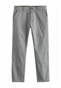 Chinos de algodón gris con un acabado texturizado, que cuentan con dos bolsillos frontales, un cierre de botón y un diseño de pierna recta.