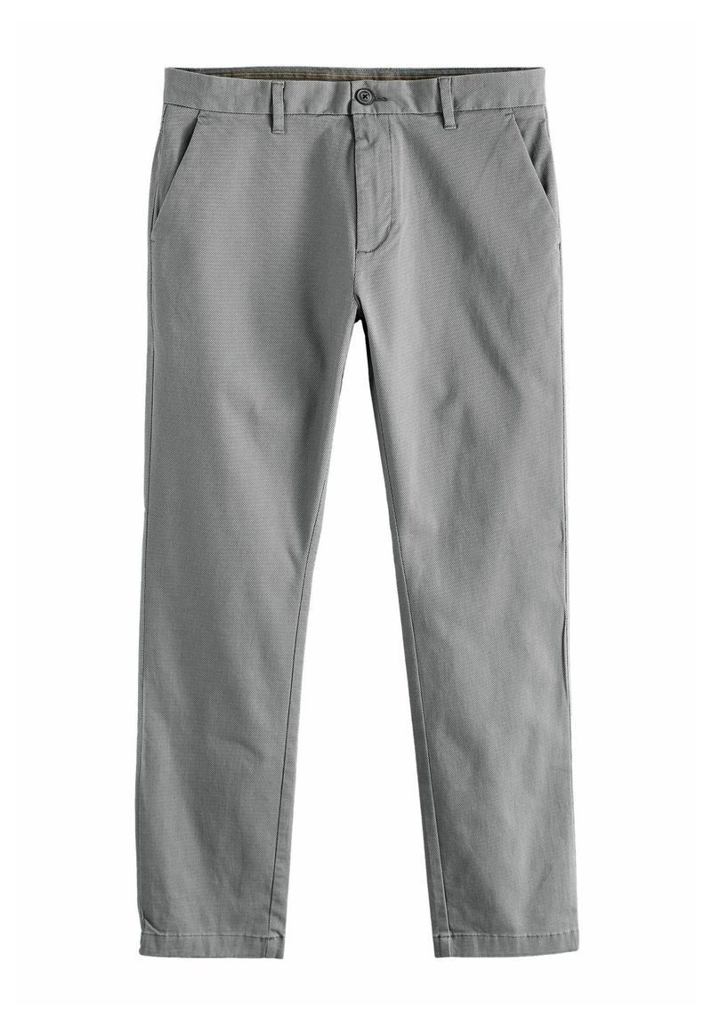 Chinos de algodón gris con un acabado texturizado, que cuentan con dos bolsillos frontales, un cierre de botón y un diseño de pierna recta.