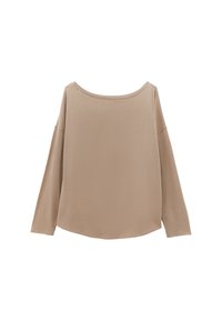 Beige Langarmoberteil aus weichem Stoff, mit weitem Rundhalsausschnitt, lockerer Passform und subtilen Nahtdetails entlang der Kanten.