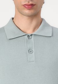 Light blue polo shirt featuring a textured knit fabric, a classic collar, and two buttons at the neckline.