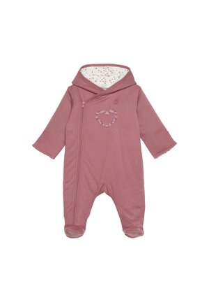 Rosa Baby-Overall mit Kapuze, Reißverschluss und einem floralen Herzdesign auf der Brust. Weicher Stoff und fußloses Design für Wärme. Gefütterte Kapuze.