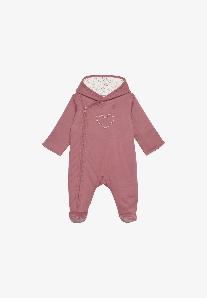 Rosa Baby-Overall mit Kapuze, Reißverschluss und einem floralen Herzdesign auf der Brust. Weicher Stoff und fußloses Design für Wärme. Gefütterte Kapuze.