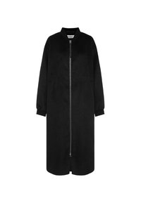 Long black jacket made of soft fabric, featuring a zip closure, high collar, and long sleeves with ribbed cuffs. Smooth texture throughout.