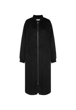 Long black jacket made of soft fabric, featuring a zip closure, high collar, and long sleeves with ribbed cuffs. Smooth texture throughout.