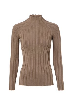 Braunes, langärmliges, geripptes Oberteil mit hohem Ausschnitt, das eine figurbetonte Passform und eine strukturierte Textur aufweist. Sichtbare vertikale Streifen sind durchgehend vorhanden.